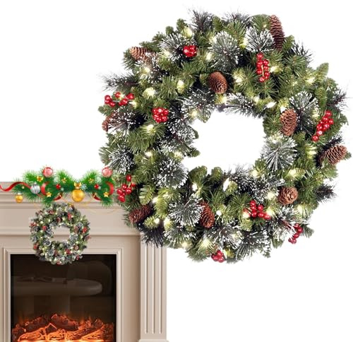 Couronne De Noel Porte, Couronne Lumineuse D'extérieur, Decoration pour Couronne De Noel, Couronne De Noël Artificielle en Aiguille, Couronnes De Noël pour Porte D'entrée avec Lumières