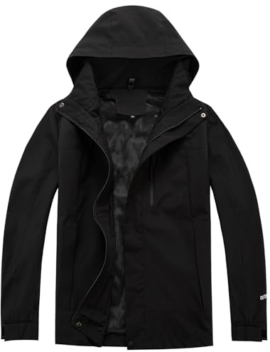 Taoyoule Regnjacka för män, skidor vattentät, utomhus, vindjacka fall, svart, snowboard, regnrock, softshell andas, funktionsanorak för sportutrustning, löpning, vandring, cykling, snowboard, svart,
