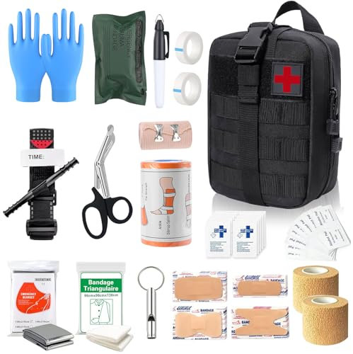 49 Stück Erste Hilfe Set Outdoor, Survival Set First Aid Kit, Trauma Erste Hilfe Tasche, First Aid Kit Military, Notfall Trauma Survival Ausrüstung, für Camping Wandern Radfahren Klettern und Reisen