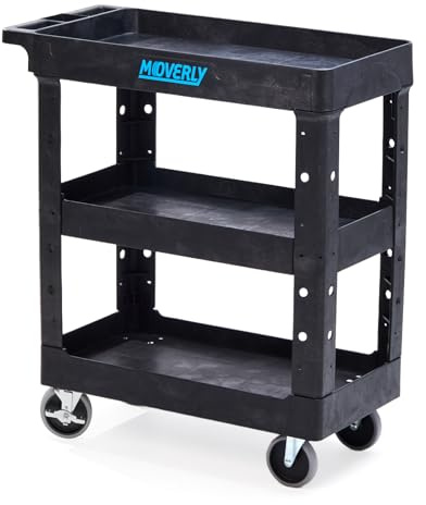 MOVERLY 3-stufiger Rolling Cart, Schwerlast-Utility-Trolley, Server-Handwagen, 86 cm x 43 cm x 98 cm, mit 4 drehbaren Rädern, bis zu 250 kg belastbar, schwarz