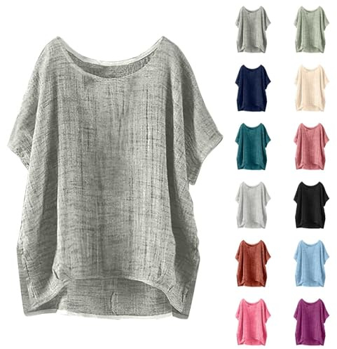 Linneblus damer kortärmad, muslinblus damer överdimensionerad linneskjorta sommar linne topp rund hals skjorta blus lösa toppar enfärgad tunika lätt tunn t-shirt bekväm fritidsskjorta blusskjorta