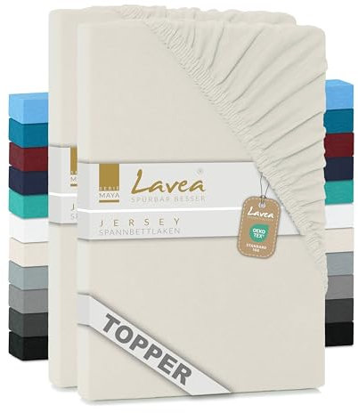 2er Set Lavea Topper Spannbettlaken - Spannbetttuch Jersey Topper Serie Maya, 90x200cm | 100x200cm, Creme Naturweiß, 100% Baumwolle, hochwertige Verarbeitung, mit Gummizug