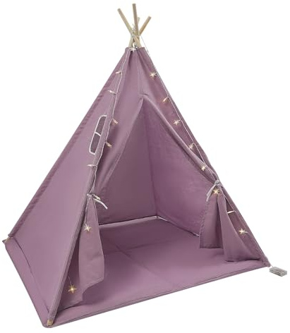 Tienda de campaña infantil con puertas y ventanas, para 1-3 niños, incluye alfombra y cadena de luces, tienda de campaña plegable de algodón y lino con postes de madera para interior y exterior, 120 x