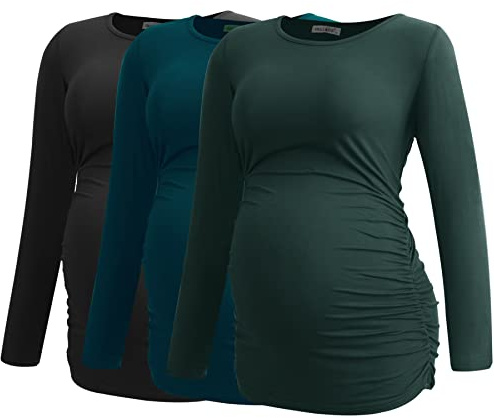 Smallshow Women's Maternity Tops Long Sleeve Pregnancy Clothes T Shirts 3-Packs,Black-Deep Green-Teal,M