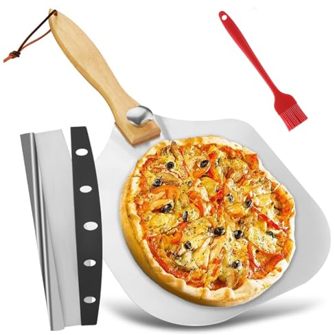 Pizzaschieber Set 12 Zoll Pizzaschieber Edelstahl Pizza Schieber Klappbar Pizzaschaufel mit Holzgriff Pizzaschneider und ölpinsel Pizza Schaufel Zubehör für Backen Pizza Brot