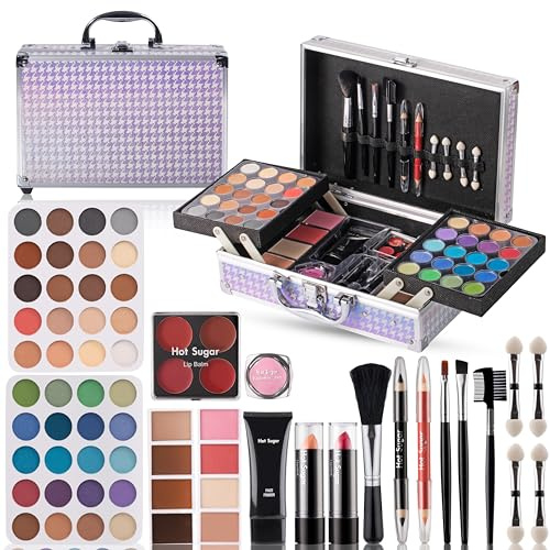 Hot Sugar Complete Makeup Kit with Aluminium Case, Make Up Set for Women, 40 Eyeshadows, Lip Products, Brushes, Foundation (Purple Houndstooth)