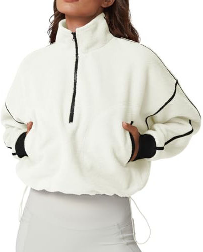 QINSEN Women Sherpa Coat Half Zip Long Sleeve Baggy Short Jacket Mock Neck Fleece Outwear Beige XL