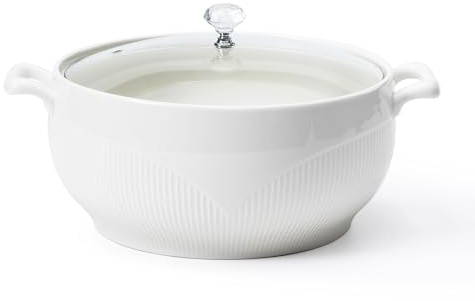 TAOCIGOU Keramik-Suppenterrine mit Deckel, 3.5 L großes Fassungsvermögen, Porzellan-Suppenschüssel mit zwei Griffen, mikrowellen-, spülmaschinen- und ofenfest, Weiß