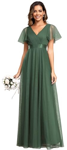 Ever-Pretty Robe de Mariage Col en V Manches Courtes A-Line Taille Empire Longue Tulle Femme Vert Eucalyptus 48