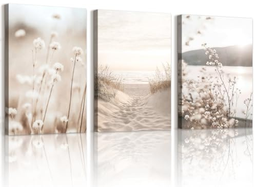 WENGTIAO 3 Piezas Boho Beige Paisaje Cuadros Decorativos Enmarcado, Minimalistas Flores Playa y Costa Lienzos Laminas, Cuadros Decoracion Salon Modernos Dormitorios Decoración Pared 30x40cmx3