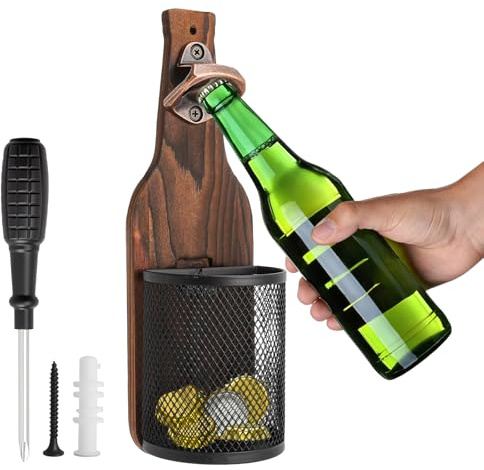 XRVRILE Abrebotellas de Pared con Recogedor de Chapas – 25cm Abridor de Botellas en Madera y Acero Inoxidable, Diseño Vintage Decoración Bar – Regalos Originales para Hombre, Regalo Cumpleaños Hombre