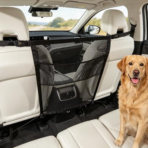 FARYODI Hundgaller bil med förvaringsväskor, separationsnät hund 69 x 57 cm, säkerhetsbarriär mot hund från framsätet, universellt passande hundnät för baksätet, för säker körning och resor