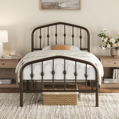 Yaheetech 3ft Single Metal Bed Frame with Crown-inspired Design, Bronze | 90 x 190 cm, 300kg weight capacity, 32cm under-bed storage, headboard and metal slats, no box spring needed, easy assembly