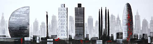 Cuadroexpres - Cuadro Pintado Moderno Ciudad de Barcelona 120x35 cm, Blanco y Negro con Detalles en Rojo. 100% Original, sobre Lienzo. Decoración para Sala de Estar