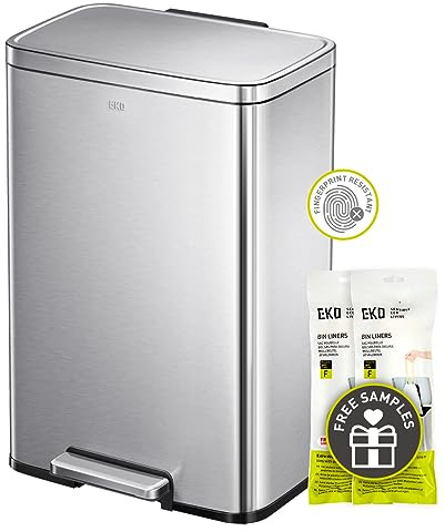 EKO Madison 50l Mülleimer Küche, Tretmülleimer mit Geruchsfach und Inneneimer, Mistkübel mit Soft-Close Deckel, fingerabdruckfrei, rechteckiger Abfalleimer aus Edelstahl, geruchsdichter Treteimer