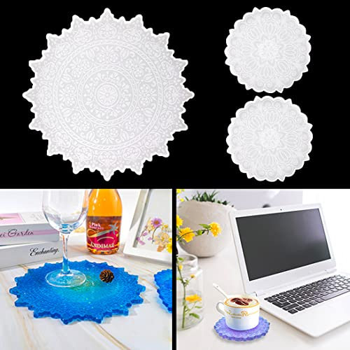 Koonafy 3 Pcs Mandala Coaster Resin Molds, Flower Tray Molds Silicone, Jewelry Holder Epoxy Molds, Serving Dishes Casting Molds for DIY Crafts, Trinket Plate Holder, Bowl Mats Decoration