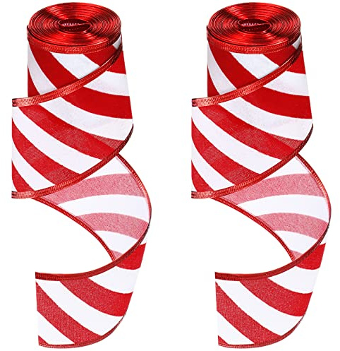 2 Rollos Cintas Rojas y Blancas de 2,5 Pulgadas x 6 Yardas Cinta de Borde con Cable de Navidad Cinta de Manualidades de Bricolaje para Decoración de Árboles (Raya Diagonal)