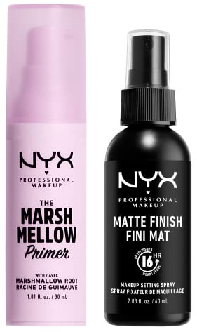 NYX PROFESSIONAL MAKEUP Marshmellow Smoothing Primer + Makeup Setting Spray, Matte Finish, Long-Lasting Face Mist for up to 16HR Wear (Pack of 2)