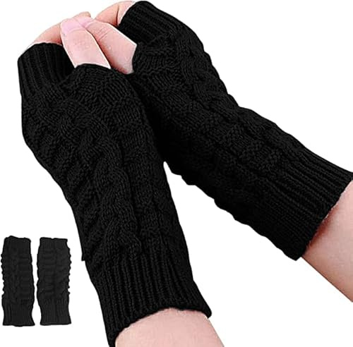 Andiker Mitaines d'hiver sans doigts pour femme, chauffe-bras tricotés avec trou pour les pouces, mitaines souples au poignet, Noir , taille unique