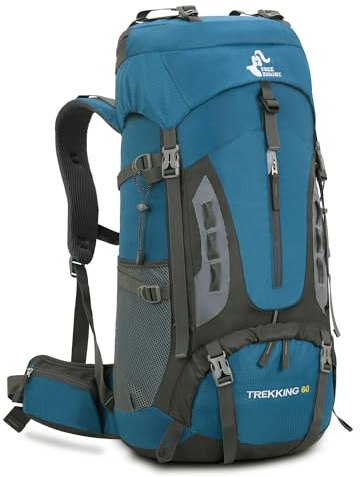 Bseash 60L Hiking Camping Backpack with Rain Cover, Waterproof Large Capacity Outdoor Sport Travel Daypack Climbing Touring (Blue Green)
