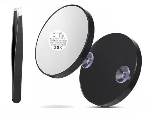 mkemka 30x Magnifying Mirror Small Magnifying Mirror with Suction Cup and Tweezers 3.5inch Travel Magnifier for Eyebrow Plucking Makeup Mirror