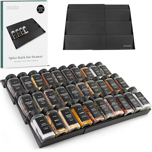 EDELHAUS Gewürzregal Schublade, Gewürz Organizer Schublade, Küchen Gewürzregal Ausziehbar für bis zu 36 Gewürzgläser Gewürztreppe für Gewürzschublade Schubladeneinsatz (Plastik)