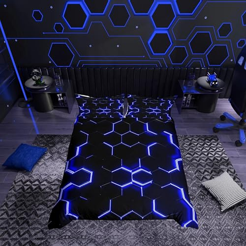 Loussiesd Juego de ropa de cama con diseño geométrico de panal de abeja para niños, funda de edredón geométrica de microfibra suave, color azul y negro, con cremallera y 1 funda de almohada