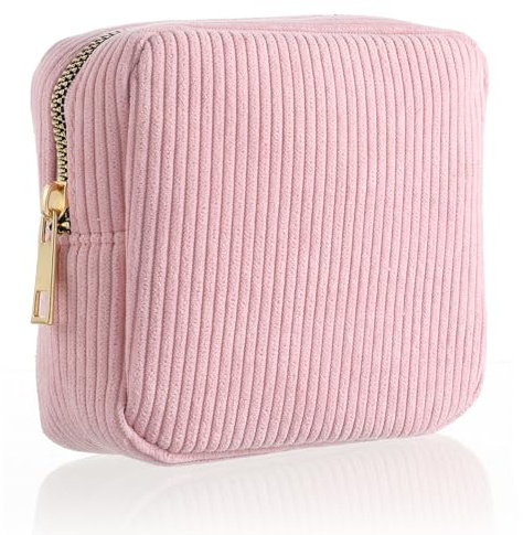 Bremorou Menstrual Bags for Teen Girls, Corduroy Sanitary Napkin Storage Bag Mini Makeup Pouch Portable Period Pouch with Zipper Sanitary Pads Bag Tampons Holder for Purse First Period Women (Pink)