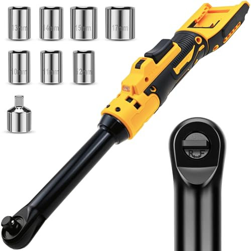 3/8 Extended Electric Ratchet Wrench Kit Compatible with Dewalt 18V 20V Battery, Cordless Ratchet, 100N.m High Torque, 16cm Extended Head with Light, 8 Sockets (9/10/11/12/13/14/15/17mm),1/4 Adapter