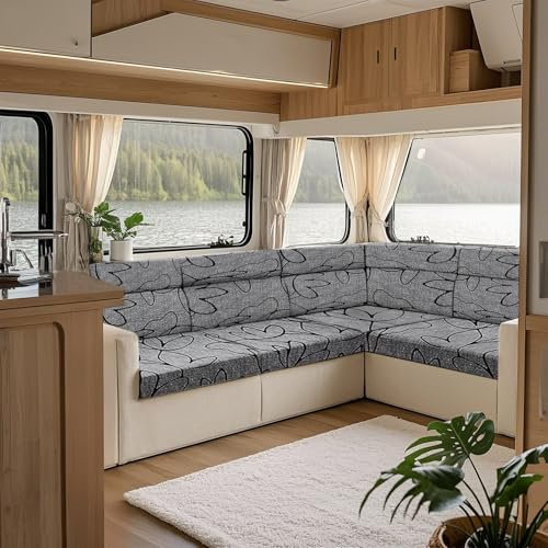 KYJSW Printed Sofa Seat Cushion Cover, Stretch Non Slip RV Dinette Cushion Covers With 2 Straps, For Couch/Caravan/Camper/Car/Bench (Grey-Flower,W 60-90cm, D 30-50cm)