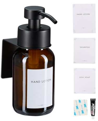 Relaxdays Tvåldispenser, 1-del, 250 ml, glas, rostfritt stål, väggmonterad, självhäftande, saniteringspump, brun/svart