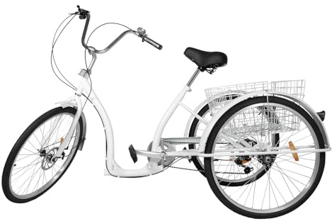 AOAPUMM 26 tum 6-växlad 3 hjul vuxen cykel med inköpskorg, trehjuling för vuxna, gång höjdjusterbar cruiser (vit)