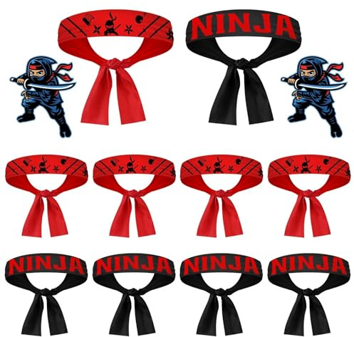 TMZELOA 10 st ninjas pannband set, ninja party tillbehör, svart röd ninja-fest, klassiskt ninjapannband för barn, ninja pannband ninja gästpresenter till födelsedagsfest karate