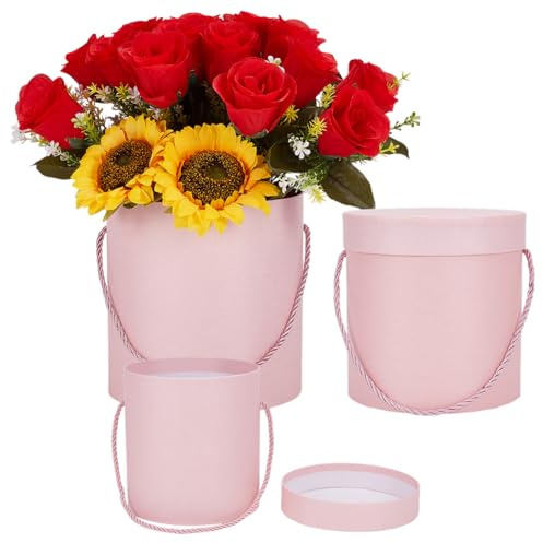 BENECREAT 3 cajas de regalo redondas rosas. Cajas de sombreros para ramos de flores con tapa para arreglos florales de dama de honor propuesta boda cumpleaños fiesta
