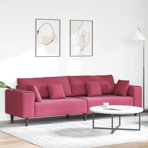 YuuSsea Sammetssoffa vinröd 208 cm med kudde, modern 4-sitsig, lyxig vardagsrumssoffa, träram, konformade ben, mysig för avkoppling