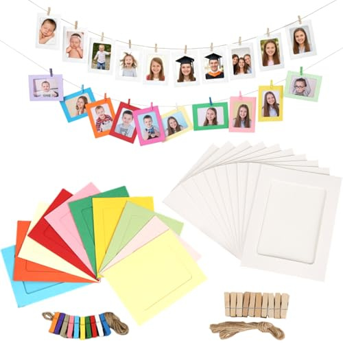30 Pcs Cardboard Photo Frames, 4x6 Inch Cardboard Frames with Wooden Clips and String Hanging, Hanging Paper Picture Frames DIY Creative Photo Frames for Home Wall Decor (White+Colored)