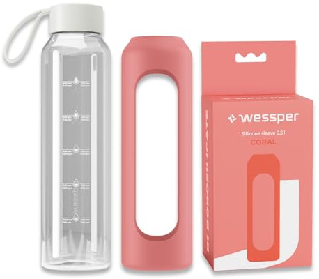 Wessper glasflaska med silikonhölje, borosilikatglasflaska med tidsangivelse 500 ml, sportflaska Perfekt för fitness, skolidrott, barn, BPA-fri drickmotivation - Korall