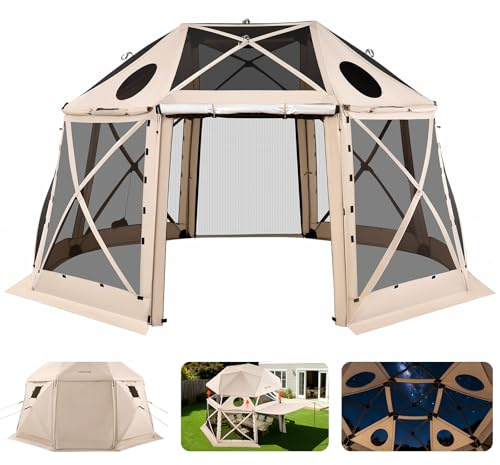 VEVOR Tente Moustiquaire Tonnelle Pop-up 4,57x4,57 m Tente Moustiquaire Pliante 12-15 Personnes 13 Côtés Abri Solaire pour Camping Famille, Terrasse, Jardin, avec Toit Amovible Sac de Transport, Beige