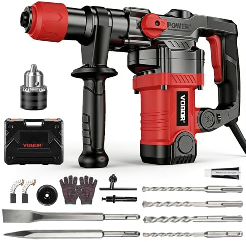 VOBOR 4-i-1 sats med borrhammare, 1 300 W, 6 joule, 32 mm borrkapacitet i betong, SDS-Plus, antivibrationshandtag, 6 hastigheter 0–920 varv/min, 4 000 bpm slagtal, inklusive transportväska