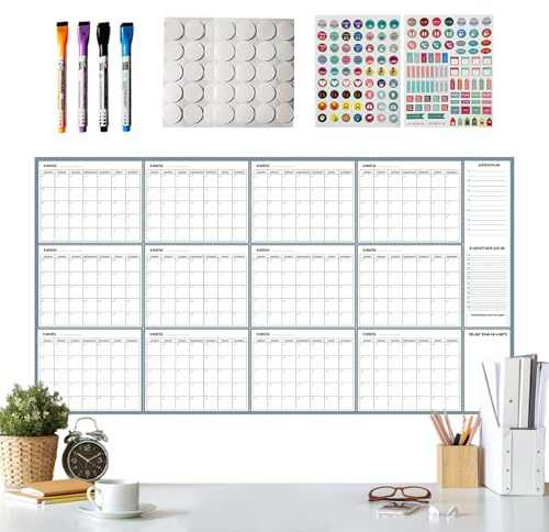 Calendario de pared de borrado en, 140 x 86 cm, sin fecha, con marcadores, calcomanías magnéticas, calendario de pared reutilizable, para hombres, estudiantes, profesores, trabajo, estudio, hogar
