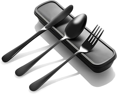 Thapncow Juego de Cubiertos para Camping, Juego de Cubiertos de Acero Inoxidable, Trabajo, Cubiertos con Estuche Escolares, utensilios portátiles para viajes (negro)