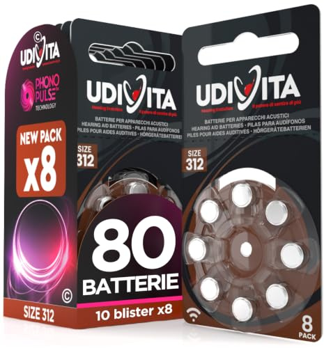 80 Pilas para Audífonos Tamaño 312 Marrones PR41 Udivita Zinc Aire Tensión Estable Larga Duración Compatibles con Todos los Dispositivos - 10 Blister de 8 Pilas