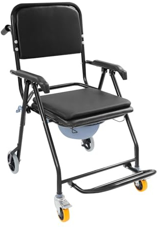 Silla de ducha plegable de acero negro con cubo y ruedas para personas mayores, cuidado en casa