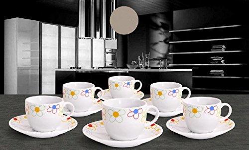Albalù Set Tazzine da Caffè con Piattino in Porcellana Colorate Fiori Stilizzati Servizio Completo da 12 Pezzi di cui 6 Tazzine e 6 Piattini Lavabili in Lavastoviglie