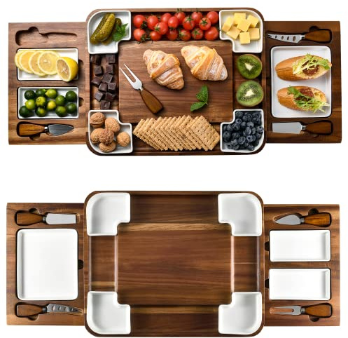 Shanik Upgraded Acacia Cheese Board Set, Square Shaped Charcuterie Set, Cheese Platter, Handcrafted Design and Stainless Steel Cutlery Set - Gift for Any Occasion No Engraving