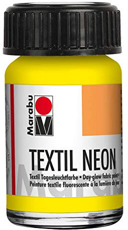 Marabu 17110039321 - Textil Neon gelb 15 ml, fluoreszierende, intensive Tageslichtfarbe, Wasserbasis, geruchsneutral, speichelecht, weicher Griff, leuchtet im Schwarzlicht, für helle Textilien