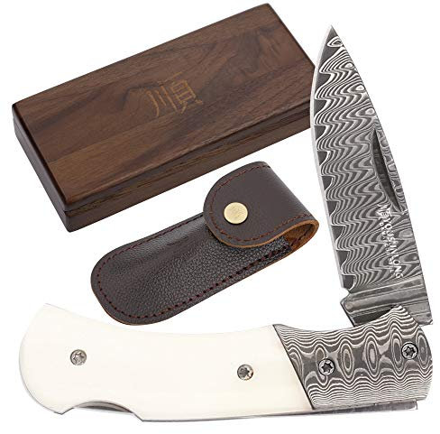 YOUSUNLONG Couteaux de Poche et Couteaux pliants - Lame en Acier Damas - Manche Bull Bone