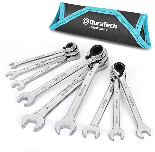 DURATECH 9-tlg Ratschenschlüssel Satz, Umschaltbarer Gabelschlüssel Ringmaulschlüssel-Satz, Ring-Maulschlüssel-Satz 8-19mm, Chrom-Vanadium-Stahl, inkl. Rolltasche