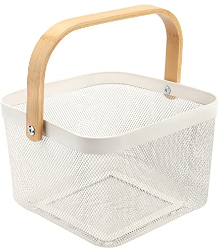 Yopay Mesh Steel Fruit Basket Bin with Wood Handle, White Hanging Storage Organizer, Farmhouse Harvest Gardening Basket for Cabinets, Cupboards, Shelves, Bathroom, Picnic, Shopping