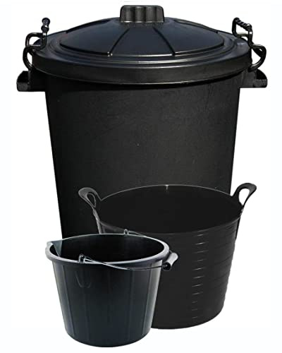 (Set of 3) 50L Litre Heavy Duty Clip Lock Lid Rubbish Bin, Dustbin /3 Gallon 14 Litre Plasters Builder Bucket and 20 Litre Flexible Plastic Storage Container Bucket Tub Trugs Horse Feeder (Black)